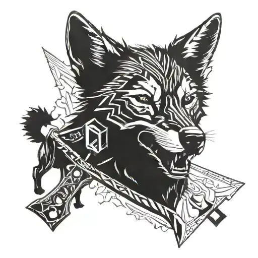 Incorporate symbols from the Destiny Rise of Iron expansion into a blackwork design of a wolf and axe tattoo design idea