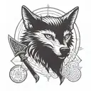 Incorporate symbols from the Destiny Rise of Iron expansion into a blackwork design of a wolf and axe tattoo design idea