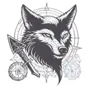 Incorporate symbols from the Destiny Rise of Iron expansion into a blackwork design of a wolf and axe tattoo design idea