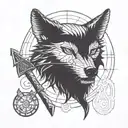 Incorporate symbols from the Destiny Rise of Iron expansion into a blackwork design of a wolf and axe tattoo design idea