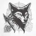 Incorporate symbols from the Destiny Rise of Iron expansion into a blackwork design of a wolf and axe tattoo design idea