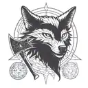 Incorporate symbols from the Destiny Rise of Iron expansion into a blackwork design of a wolf and axe tattoo design idea