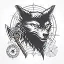 Incorporate symbols from the Destiny Rise of Iron expansion into a blackwork design of a wolf and axe tattoo design idea