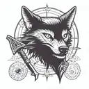 Incorporate symbols from the Destiny Rise of Iron expansion into a blackwork design of a wolf and axe tattoo design idea