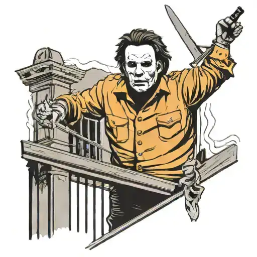 michael myers standing over banister with knife tattoo design idea