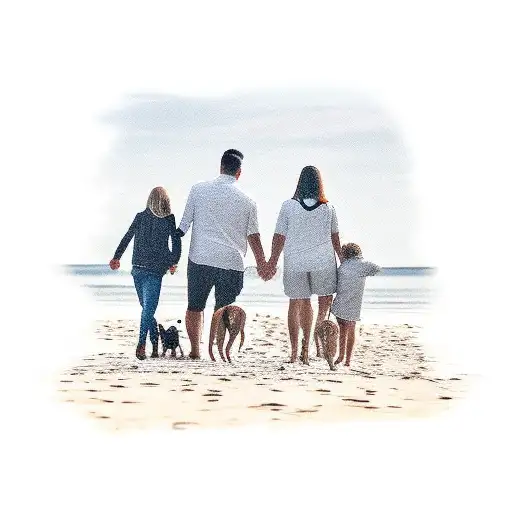 family of 5 with 3 dogs walking on the beach. eldest son, daughter in the middle and the youngest son with a mum and dad tattoo design idea
