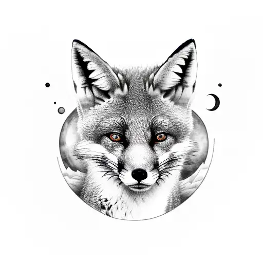 arm tattoo of a young fox in black and white with colored eyes and some datella more in color, add hands holding a moon tattoo design idea