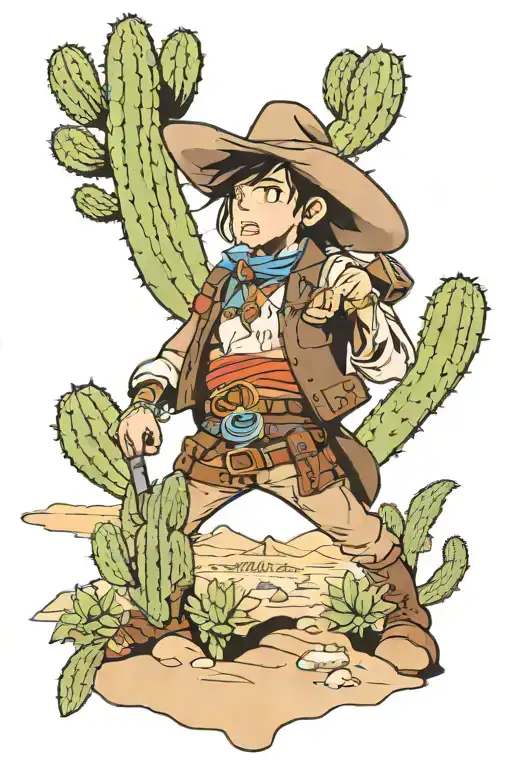 cowboy and desert landscape filled with cacti tattoo design idea