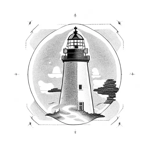 Rundown lighthouse with 2 pillars, 1 white pillar and 1 black pillar, white lotus flower at the base of the lighthouse tattoo design idea