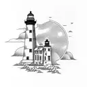 Rundown lighthouse with 2 pillars, 1 white pillar and 1 black pillar, white lotus flower at the base of the lighthouse tattoo design idea