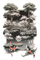 A serene Japanese garden with cherry blossom trees and a koi pond tattoo design idea
