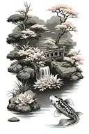 A serene Japanese garden with cherry blossom trees and a koi pond tattoo design idea