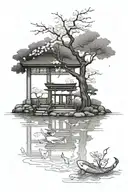 A serene Japanese garden with cherry blossom trees and a koi pond tattoo design idea