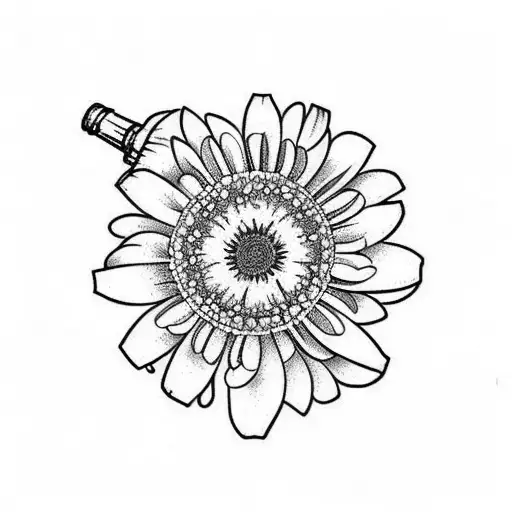 wine bottle with aster flowers and an hourglass inside tattoo design idea