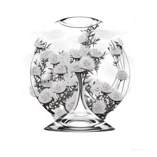 wine bottle with aster flowers and an hourglass inside tattoo design idea