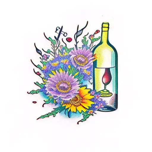 wine bottle with aster flowers and an hourglass inside tattoo design idea