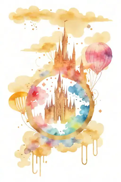 Half Disney castle, half hogwarts castle, with glittery fireworks and rowing boats with glittery lanterns tattoo design idea