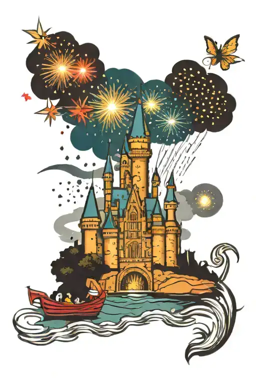 Half Disney castle, half hogwarts castle, with glittery fireworks and rowing boats. tattoo design idea