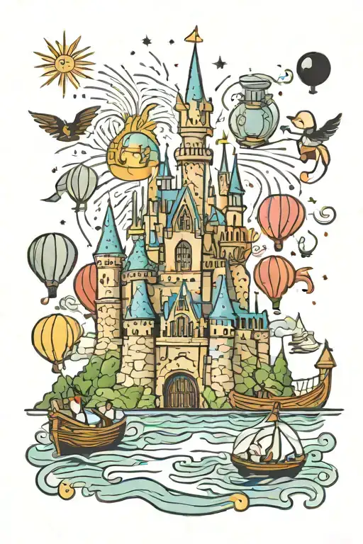 Half Disney castle, half hogwarts castle, with glittery fireworks and rowing boats with glittery lanterns tattoo design idea