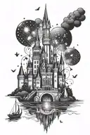 Half Disney castle, half hogwarts castle, with glittery fireworks and rowing boats with glittery lanterns tattoo design idea