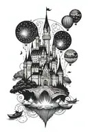 Half Disney castle, half hogwarts castle, with glittery fireworks and rowing boats with glittery lanterns tattoo design idea