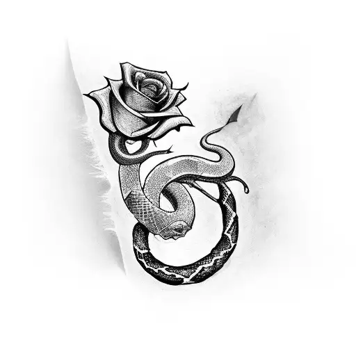 Snake is playing around a swords which stab through a rose tattoo design idea