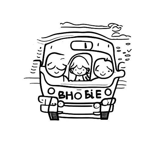 a little girl inside a bus waving at a boy outside the bus tattoo design idea