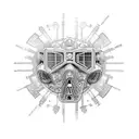 A welding mask with intricate patterns and gears inside tattoo design idea