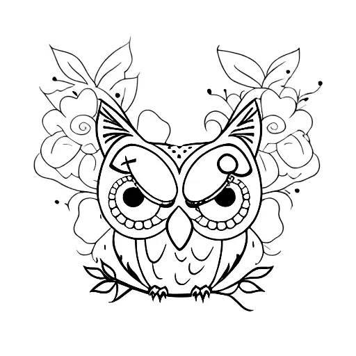 cute owl with flowers tattoo design idea