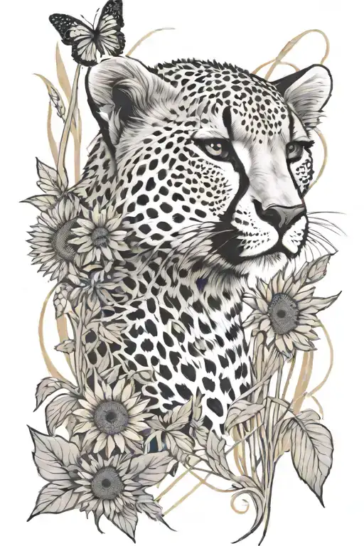 A cheetah cub emerging from a mix of tall grass and sunflowers. A butterfly rests on one of the sunflowers. tattoo design idea