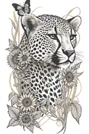 A cheetah cub emerging from a mix of tall grass and sunflowers. A butterfly rests on one of the sunflowers. tattoo design idea