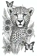 A cheetah cub emerging from a mix of tall grass and sunflowers. A butterfly rests on one of the sunflowers. tattoo design idea