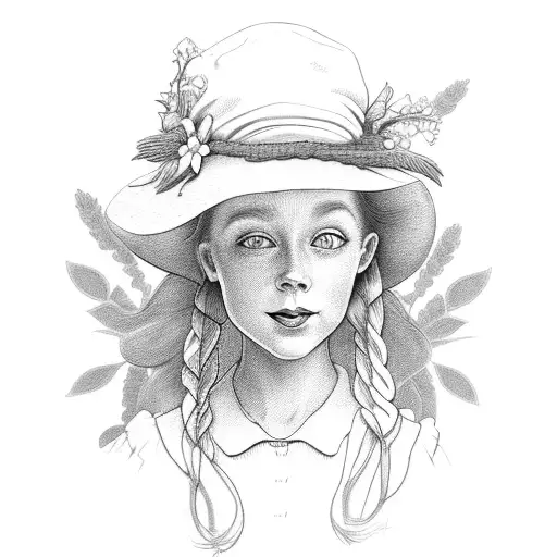 Anne of Green gables hat, braids, and Lupin flowers tattoo design idea