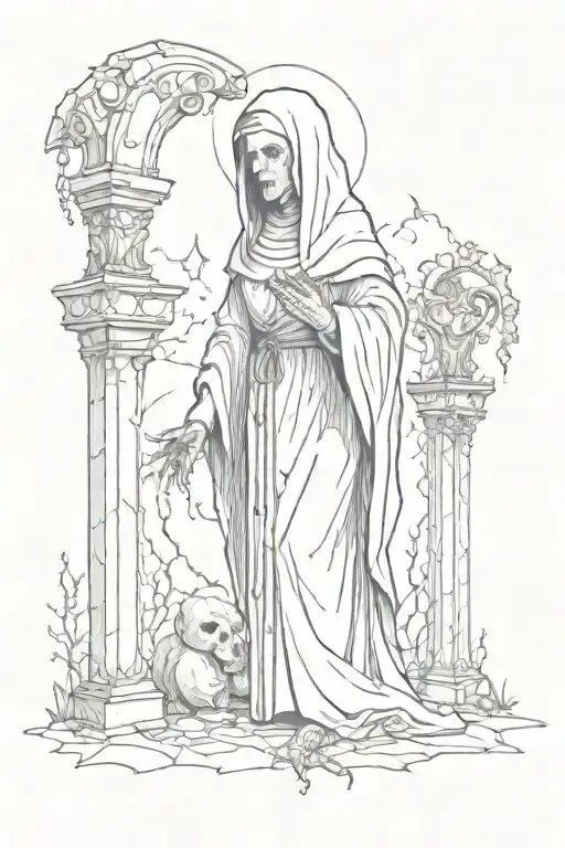 demonic nun with graveyard  tattoo design idea