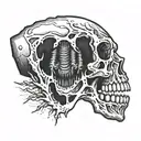 A tattoo of a jawbone with teeth on the inner side of the forearm, near the elbow, incorporating elements of blackwork style tattoo design idea