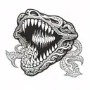 A tattoo of a jawbone with teeth on the inner side of the forearm, near the elbow, incorporating elements of blackwork style tattoo design idea