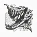 A tattoo of a jawbone with teeth on the inner side of the forearm, near the elbow, incorporating elements of blackwork style tattoo design idea