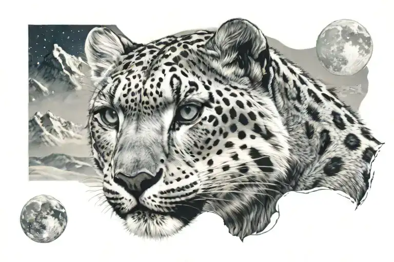 Snow leopard with human heart in mouth. Background is snowy mountains and the moon. tattoo design idea