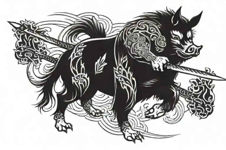 Create a tattoo design featuring Inosuke Hashibira wielding his swords in a powerful stance, surrounded by boar pig motifs to represent his fierce and determined personality tattoo design idea