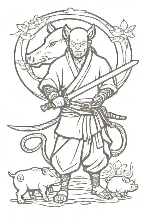 Create a tattoo design featuring Inosuke Hashibira wielding his swords in a powerful stance, surrounded by boar pig motifs to represent his fierce and determined personality tattoo design idea