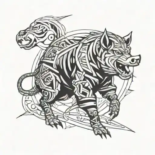 Create a tattoo design featuring Inosuke Hashibira wielding his swords in a powerful stance, surrounded by boar pig motifs to represent his fierce and determined personality tattoo design idea