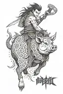 Create a tattoo design featuring Inosuke Hashibira wielding his swords in a powerful stance, surrounded by boar pig motifs to represent his fierce and determined personality tattoo design idea