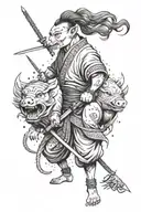 Create a tattoo design featuring Inosuke Hashibira wielding his swords in a powerful stance, surrounded by boar pig motifs to represent his fierce and determined personality tattoo design idea