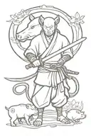 Create a tattoo design featuring Inosuke Hashibira wielding his swords in a powerful stance, surrounded by boar pig motifs to represent his fierce and determined personality tattoo design idea