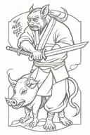 Create a tattoo design featuring Inosuke Hashibira wielding his swords in a powerful stance, surrounded by boar pig motifs to represent his fierce and determined personality tattoo design idea