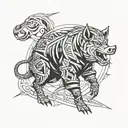 Create a tattoo design featuring Inosuke Hashibira wielding his swords in a powerful stance, surrounded by boar pig motifs to represent his fierce and determined personality tattoo design idea