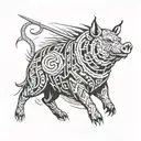 Create a tattoo design featuring Inosuke Hashibira wielding his swords in a powerful stance, surrounded by boar pig motifs to represent his fierce and determined personality tattoo design idea
