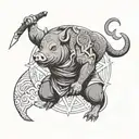 Create a tattoo design featuring Inosuke Hashibira wielding his swords in a powerful stance, surrounded by boar pig motifs to represent his fierce and determined personality tattoo design idea