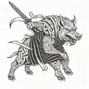 Create a tattoo design featuring Inosuke Hashibira wielding his swords in a powerful stance, surrounded by boar pig motifs to represent his fierce and determined personality tattoo design idea