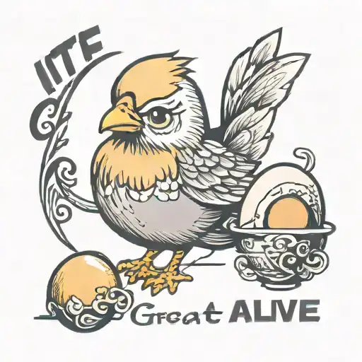 cartoon chick and egg with text "it's great to be alive" tattoo design idea